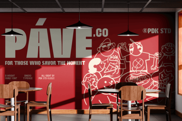 70+ Food Logo Fonts for Restaurants, Cafes, and Food Brands 50 Stylish cafe interior with bold typography on the wall and wooden furniture.