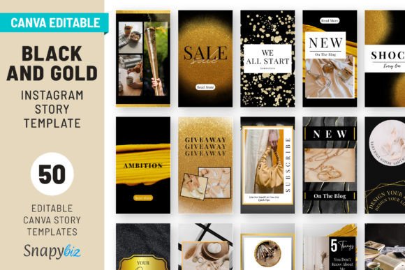 17 Instagram Story Templates for Small Businesses That Boost Engagement 23 Black and gold Instagram story template featuring various editable designs for promotions and giveaways.