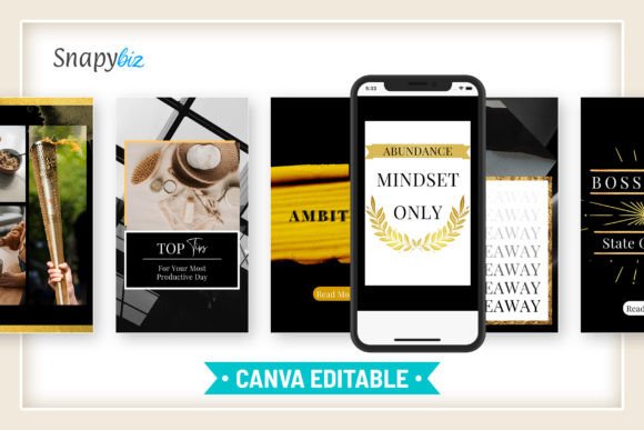 17 Instagram Story Templates for Small Businesses That Boost Engagement 25 Black and gold Instagram Canva story templates showcasing various designs and text elements.