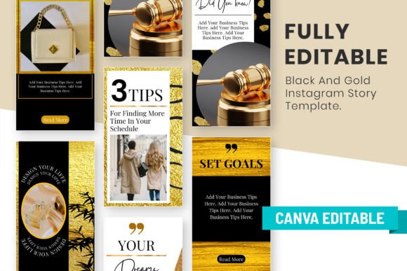 17 Instagram Story Templates for Small Businesses That Boost Engagement 24 Black and gold Instagram Canva story template featuring editable sections for tips and goals.