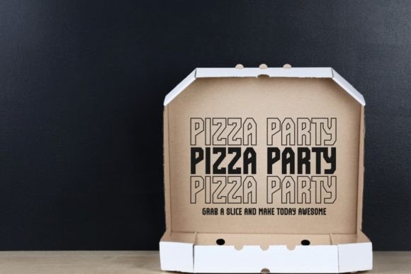 70+ Food Logo Fonts for Restaurants, Cafes, and Food Brands 27 Pizza box with bold text design promoting a pizza party.