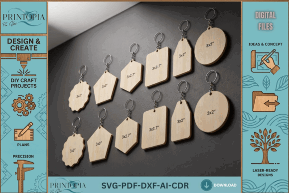 99+ Laser Cut Wood Projects To Sell From Home 64 Men's keychains in various shapes, laser cut from wood, displayed on a wall.