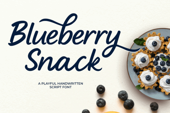 70+ Food Logo Fonts for Restaurants, Cafes, and Food Brands 104 Blueberry Snack font displayed with dessert and blueberries