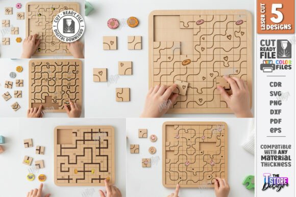 99+ Laser Cut Wood Projects To Sell From Home 315 Laser cut wood puzzle with colorful pieces and hands assembling it, showcasing a kids coloring toy.
