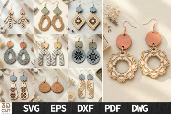 99+ Laser Cut Wood Projects To Sell From Home 112 Collection of floral earrings designs for laser cutting, showcasing various shapes and colors.
