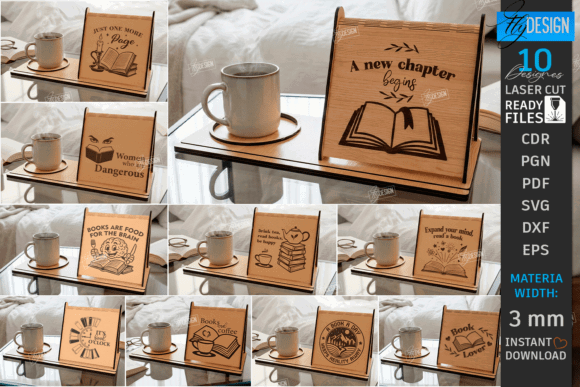 99+ Laser Cut Wood Projects To Sell From Home 43 Laser cut wooden book stand designs with quotes and an open book illustration, displayed on a table with a cup.