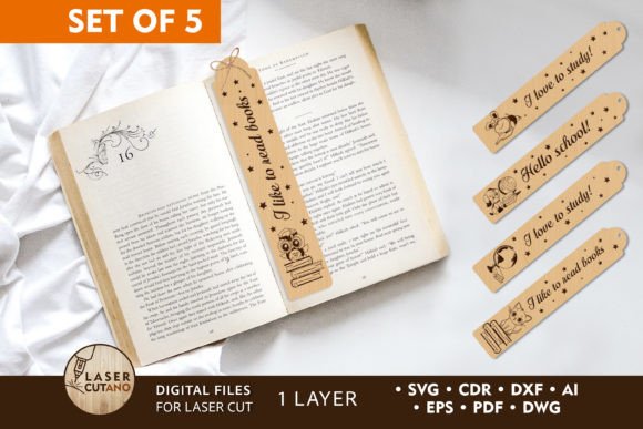 99+ Laser Cut Wood Projects To Sell From Home 102 Set of 5 laser cut wooden bookmarks with various designs and quotes, placed on an open book.