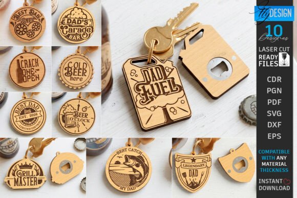 99+ Laser Cut Wood Projects To Sell From Home 46 Collection of laser cut wood keychains with various designs and text, including 'Dad Fuel' and 'Best Dad'.