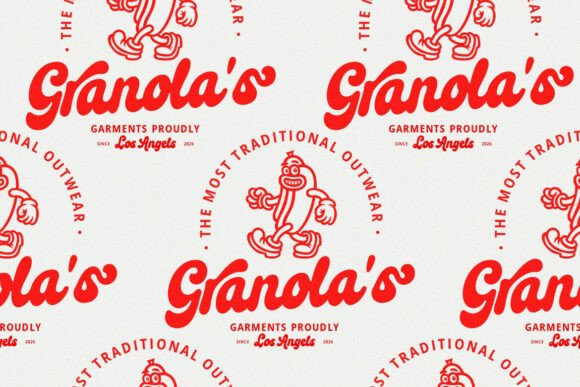 70+ Food Logo Fonts for Restaurants, Cafes, and Food Brands 177 Red and white logo design featuring the text 'Granola's' with a cartoon character.