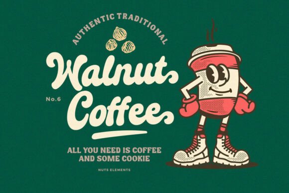 70+ Food Logo Fonts for Restaurants, Cafes, and Food Brands 62 Vintage coffee logo featuring a cartoon character and text on a green background.