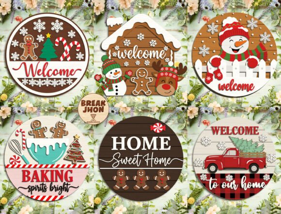 99+ Laser Cut Wood Projects To Sell From Home 415 A collection of laser cut wood signs featuring holiday themes, including snowmen, gingerbread, and welcome messages.