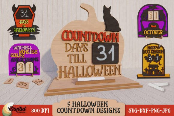 99+ Laser Cut Wood Projects To Sell From Home 438 Laser cut wood countdown to Halloween display with pumpkin and cat design.