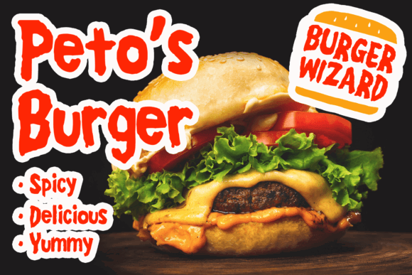 70+ Food Logo Fonts for Restaurants, Cafes, and Food Brands 96 A delicious burger with lettuce, tomato, and cheese, featuring a playful logo for Peto's Burger.
