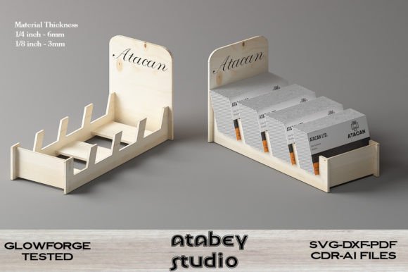 99+ Laser Cut Wood Projects To Sell From Home 231 Business card display stand made of laser cut wood with slots for cards, featuring a personalized name.