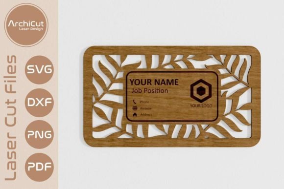 99+ Laser Cut Wood Projects To Sell From Home 237 Personalized wooden business card with leaf design and placeholder text for name and job position.