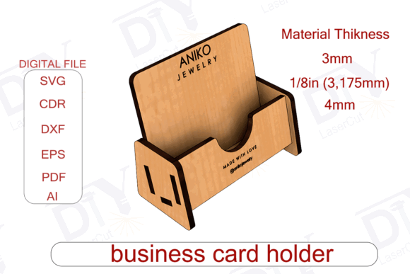 99+ Laser Cut Wood Projects To Sell From Home 226 Laser cut wood business card holder design with material thickness options listed.