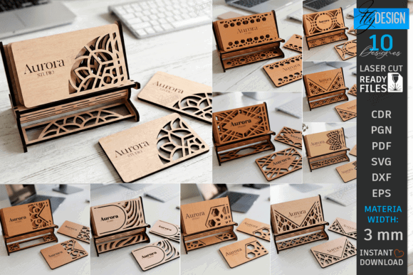 99+ Laser Cut Wood Projects To Sell From Home 225 Laser cut wood business card holder with intricate designs and customizable name, showcasing various angles.