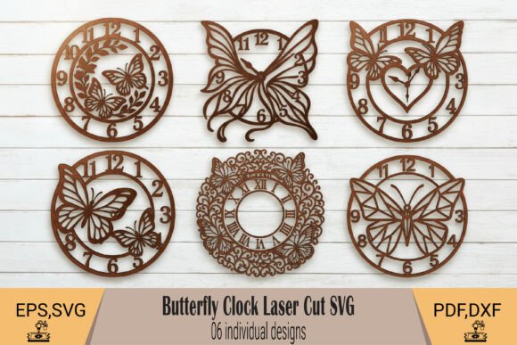 99+ Laser Cut Wood Projects To Sell From Home 10 Six butterfly-themed laser cut wall clock designs with intricate details and clock faces.