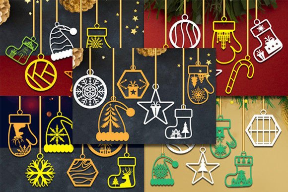 Laser Cut Products That Sell on Etsy and Make Money 29 Colorful laser cut Christmas decorations including ornaments and holiday-themed shapes.