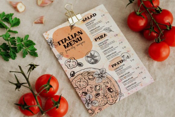 70+ Food Logo Fonts for Restaurants, Cafes, and Food Brands 48 Italian menu featuring salad, pizza, and pasta with illustrations and tomatoes.