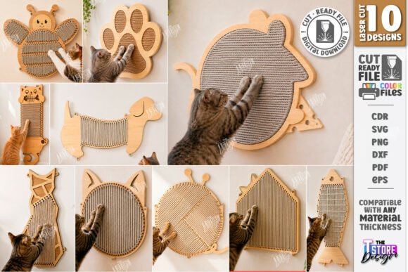 99+ Laser Cut Wood Projects To Sell From Home 243 Laser cut wood cat scratchers in various animal shapes, showcasing unique designs for pet products.