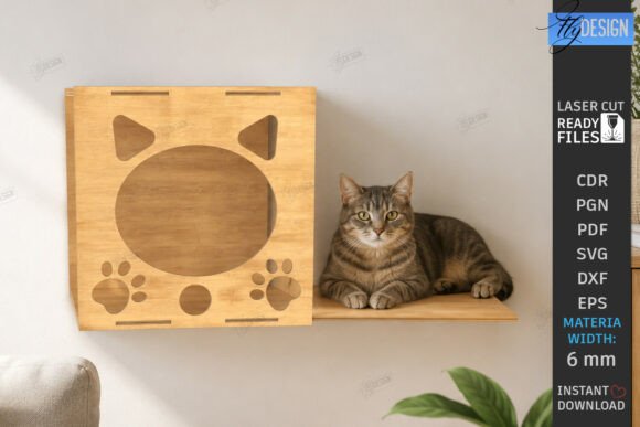 99+ Laser Cut Wood Projects To Sell From Home 258 Laser cut wooden cat shelf with paw prints, featuring a cat resting beside it.