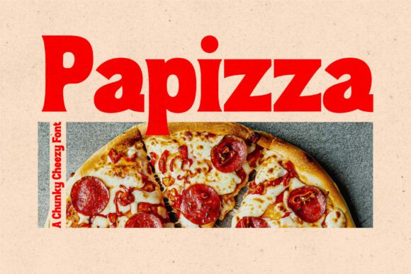 70+ Food Logo Fonts for Restaurants, Cafes, and Food Brands 94 Chunky font design featuring the word 'Papizza' with a pizza image.