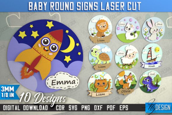Laser Cut Products That Sell on Etsy and Make Money 19 Colorful laser cut baby round signs featuring animals and names, ideal for nursery decor.