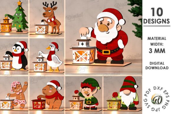 99+ Laser Cut Wood Projects To Sell From Home 381 Collection of laser cut wood designs featuring holiday characters with lanterns, including Santa, reindeer, and penguin.