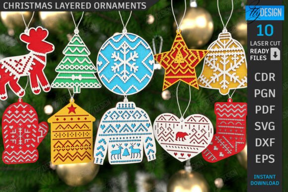 99+ Laser Cut Wood Projects To Sell From Home 163 Colorful laser cut Christmas ornaments featuring various holiday designs on a tree.