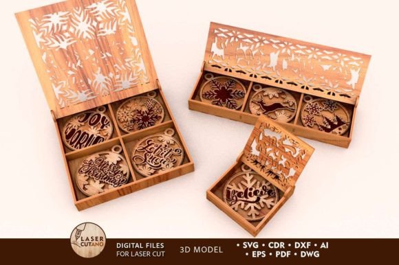 99+ Laser Cut Wood Projects To Sell From Home 156 Laser cut wood Christmas ornaments in a decorative box with festive designs.