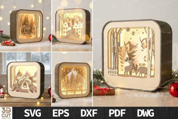 99+ Laser Cut Wood Projects To Sell From Home 396 Set of 3D laser cut wood lantern designs featuring winter scenes and trees.