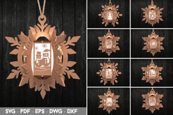 99+ Laser Cut Wood Projects To Sell From Home 404 Laser cut wood ornament featuring snowmen and snowflakes, showcasing intricate design details.