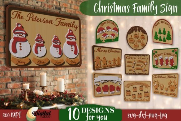 99+ Laser Cut Wood Projects To Sell From Home 432 Personalized Christmas family signs featuring festive designs and names, ideal for holiday decor.