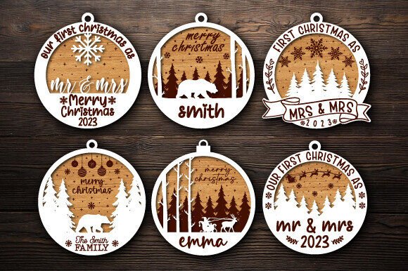 99+ Laser Cut Wood Projects To Sell From Home 153 Set of personalized laser cut wood Christmas ornaments featuring family names and festive designs.