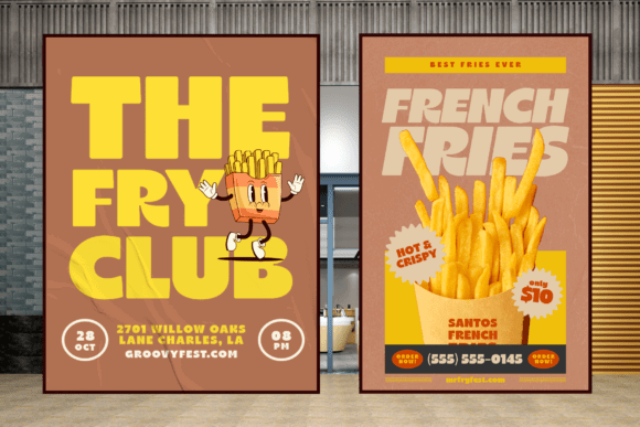 70+ Food Logo Fonts for Restaurants, Cafes, and Food Brands 25 Colorful posters for The Fry Club featuring cartoon fries and event details.
