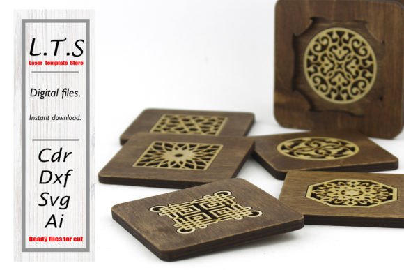 99+ Laser Cut Wood Projects To Sell From Home 37 Set of laser cut wood coasters with intricate designs on a dark wood surface.