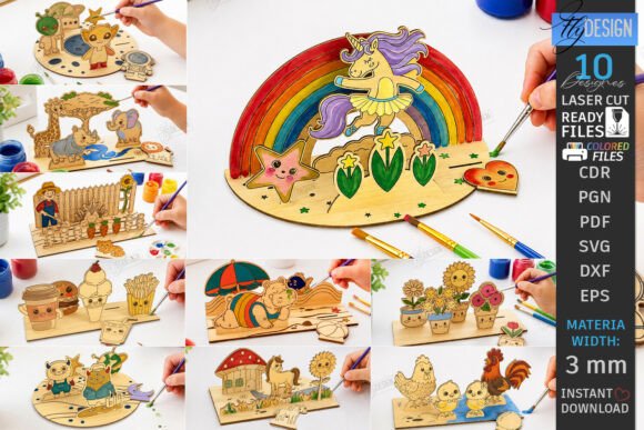 99+ Laser Cut Wood Projects To Sell From Home 310 Colorful laser cut wood puzzle pieces featuring various designs like animals, flowers, and a rainbow.