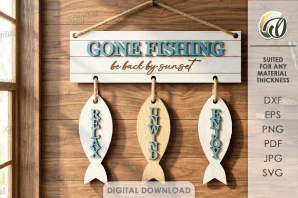 Easy Laser Cut Wood Projects To Sell On Etsy 38 Wooden fishing sign with three hanging fish labeled 'RELAX', 'UNWIND', and 'ENJOY'.