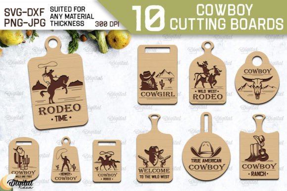 99+ Laser Cut Wood Projects To Sell From Home 347 Set of 10 laser cut wood cowboy-themed cutting boards featuring various designs and text.