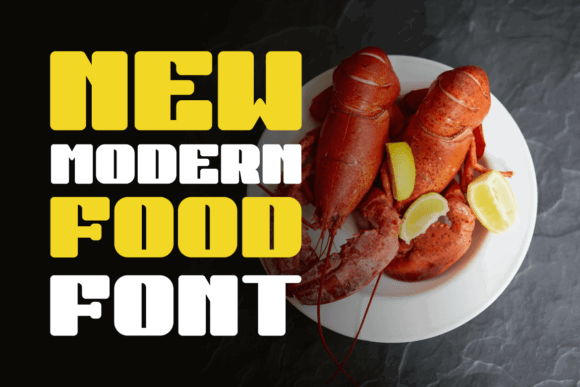 70+ Food Logo Fonts for Restaurants, Cafes, and Food Brands 84 Plate of lobster with lemon slices and bold modern food font text.