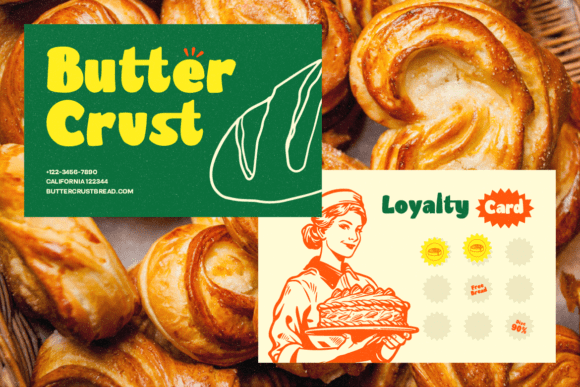 70+ Food Logo Fonts for Restaurants, Cafes, and Food Brands 86 Colorful branding materials for Butter Crust bakery featuring logo and loyalty card.
