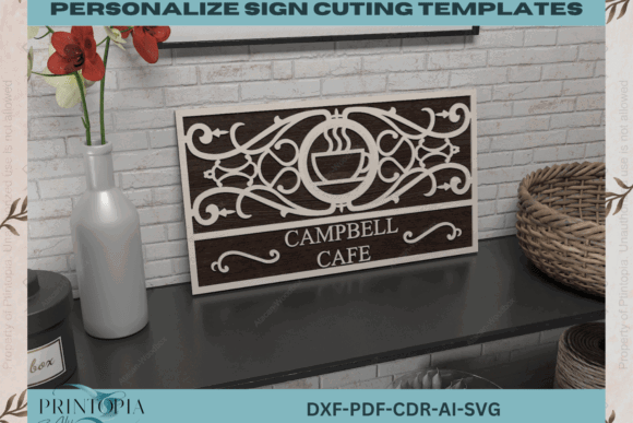 99+ Laser Cut Wood Projects To Sell From Home 210 Personalized wooden sign template for 'Campbell Cafe' with decorative elements.