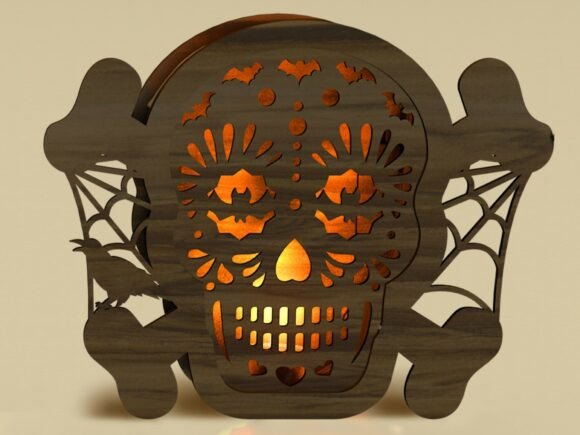 99+ Laser Cut Wood Projects To Sell From Home 174 Laser cut wood skull design with intricate patterns and glowing orange light, suitable for Halloween decor.