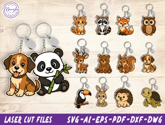 99+ Laser Cut Wood Projects To Sell From Home 74 Collection of laser cut keychain designs featuring various animals including a dog, panda, and fox.