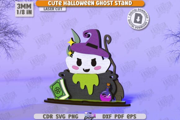 99+ Laser Cut Wood Projects To Sell From Home 180 Cute ghost stand with a witch hat and potion, designed for Halloween decor.