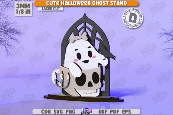 99+ Laser Cut Wood Projects To Sell From Home 179 Cute Halloween ghost stand design with a ghost and skull, suitable for laser cut wood projects.