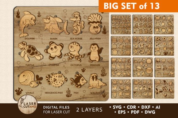 99+ Laser Cut Wood Projects To Sell From Home 311 Laser cut wood toy bundle featuring various sea and land animals, designed for educational play.