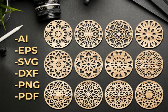 99+ Laser Cut Wood Projects To Sell From Home 31 Laser cut wooden coasters with intricate designs displayed on a dark surface alongside file format labels.