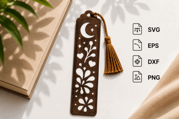 99+ Laser Cut Wood Projects To Sell From Home 90 Laser cut wood bookmark with floral design and tassel, showcasing SVG, EPS, DXF, and PNG file formats.